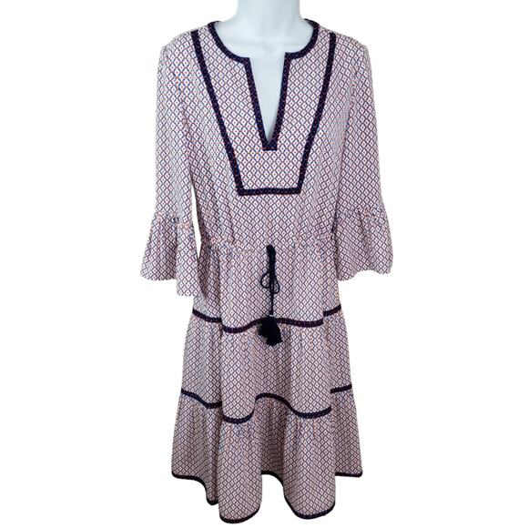 Tory Burch Tiered Printed Midi Dress Size 0 Drawstring Waist 3/4 Flutter Sleeve - Picture 1 of 5